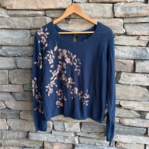 Anthropologie Knitted and Knotted Rose gold foil floral sweater crewneck blue